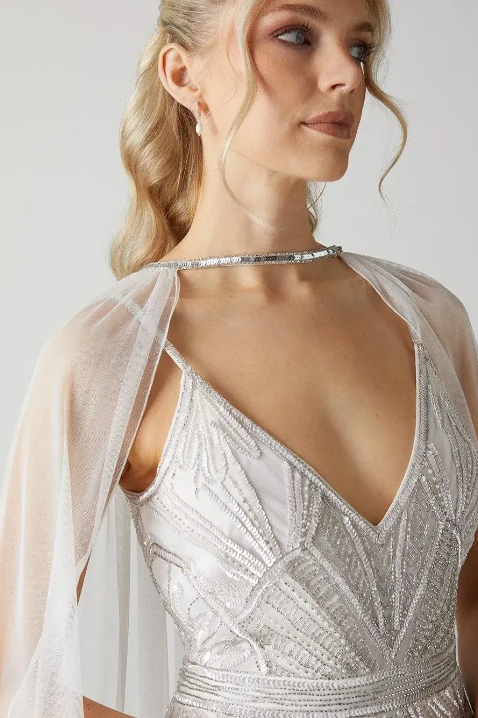 Premium Mesh Bridal Cape With Embellished Trim