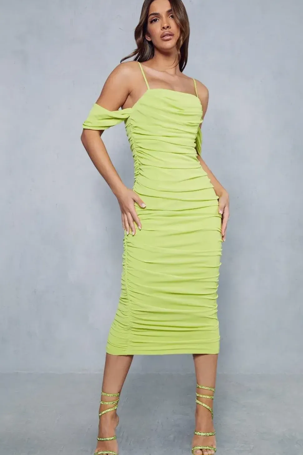 Premium Mesh Corseted Off The Shoulder Ruched Midaxi Dress