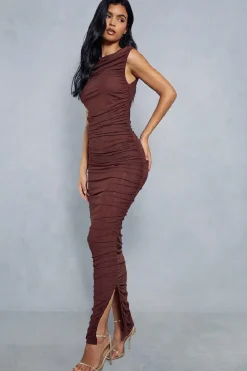 Premium Mesh Ruched Sleeveless Maxi Dress