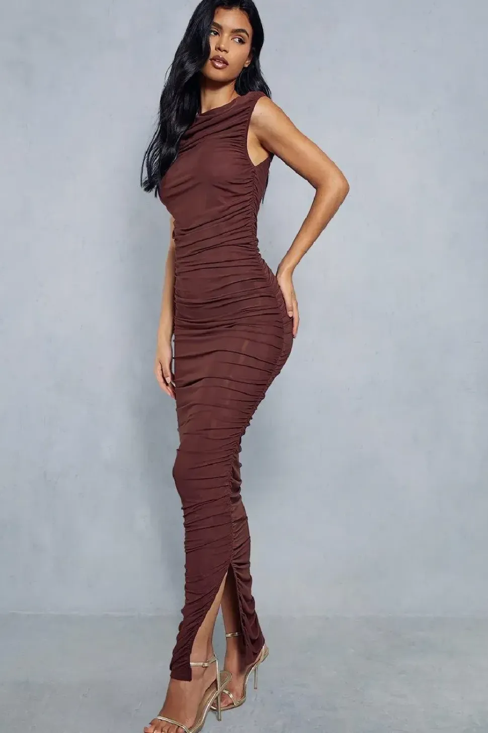 Premium Mesh Ruched Sleeveless Maxi Dress
