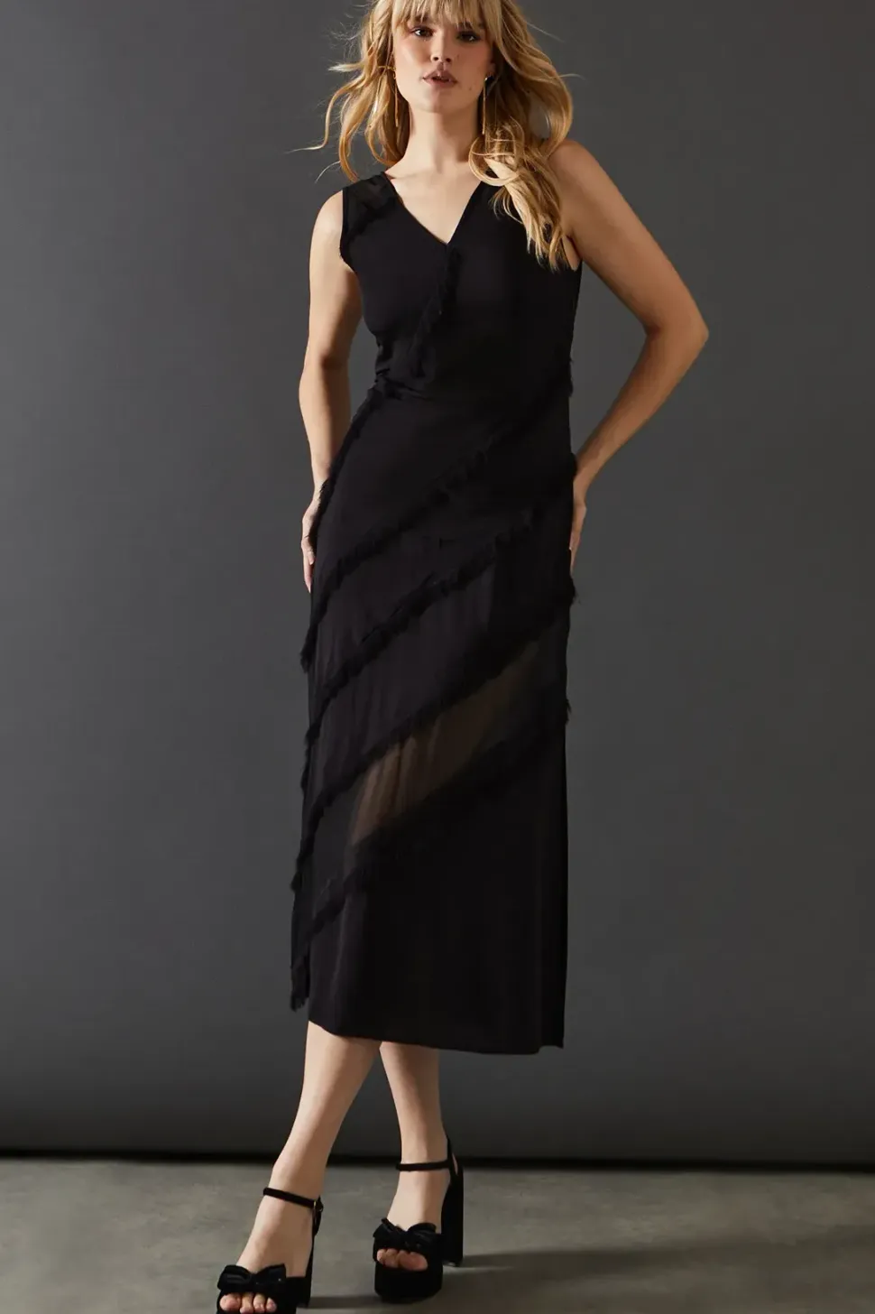 Premium Mix Chiffon Panel Frayed Hem Midi Dress
