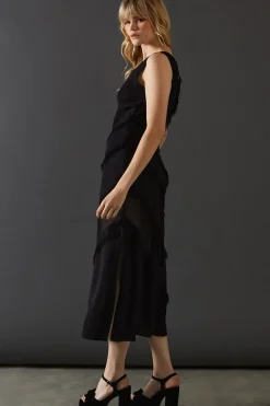 Premium Mix Chiffon Panel Frayed Hem Midi Dress