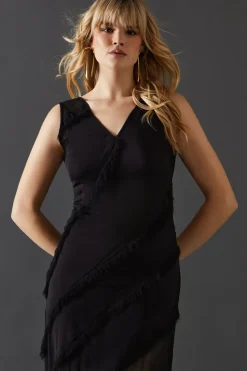 Premium Mix Chiffon Panel Frayed Hem Midi Dress