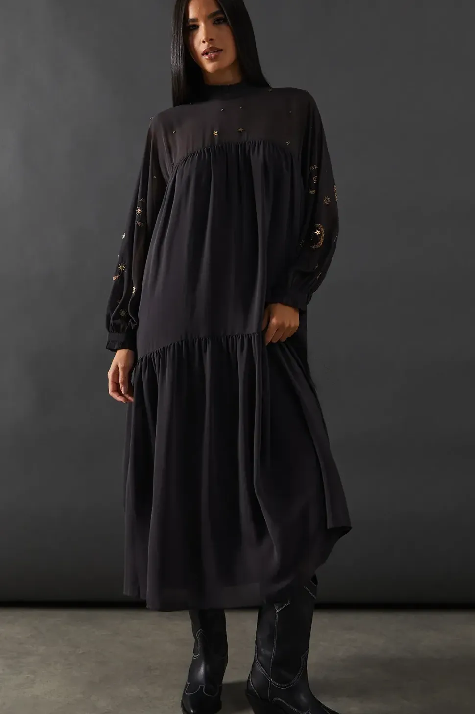 Premium Moon Embellished Sequin Viscose Curved Hem Midi Smock Dress