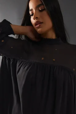 Premium Moon Embellished Sequin Viscose Curved Hem Midi Smock Dress