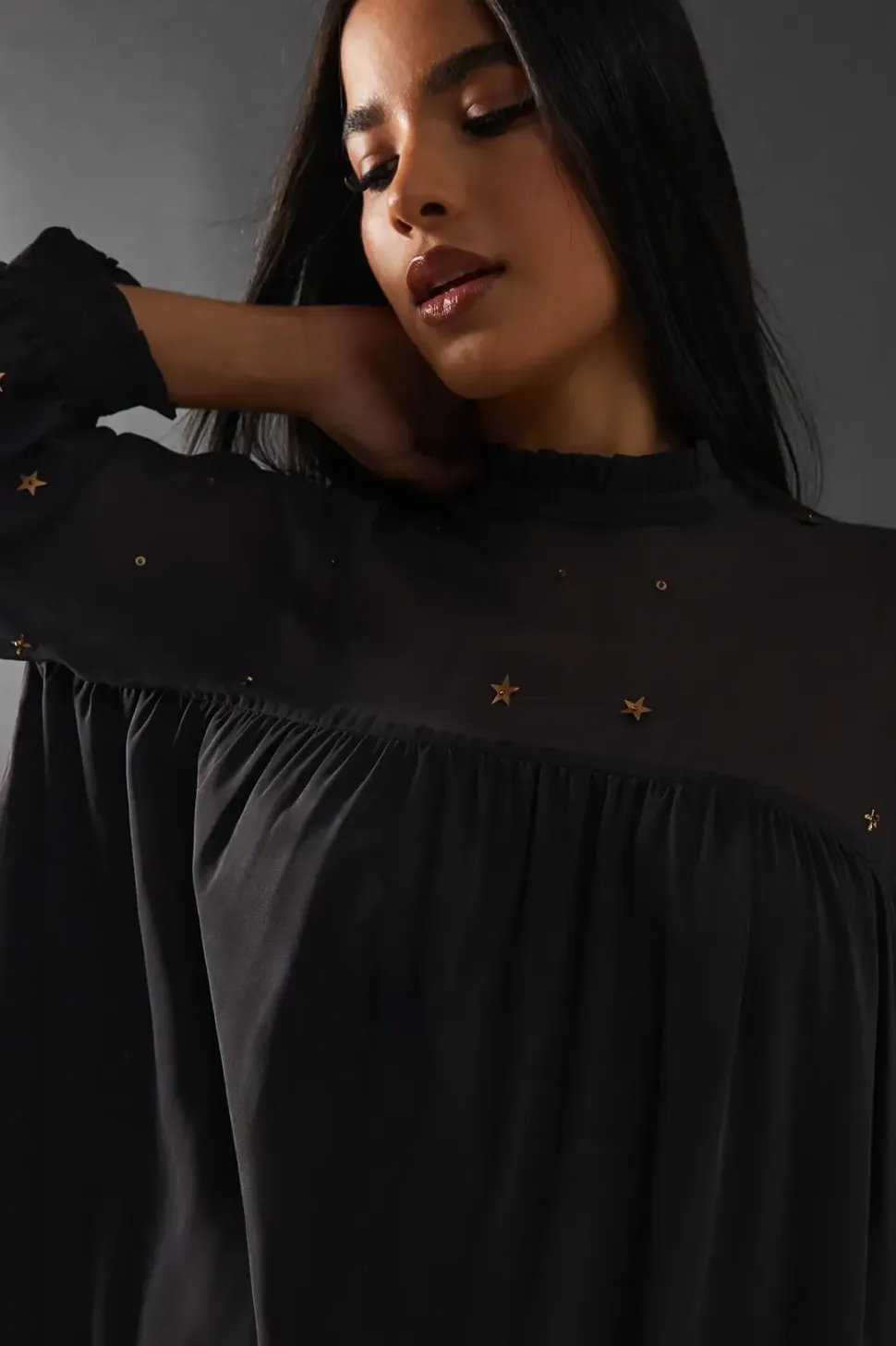Premium Moon Embellished Sequin Viscose Curved Hem Midi Smock Dress