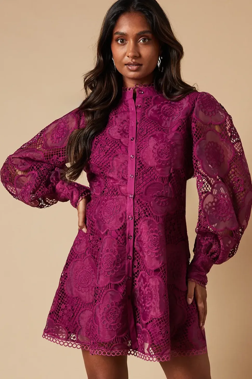 Premium Organza Lace Trim Mini Shirt Dress