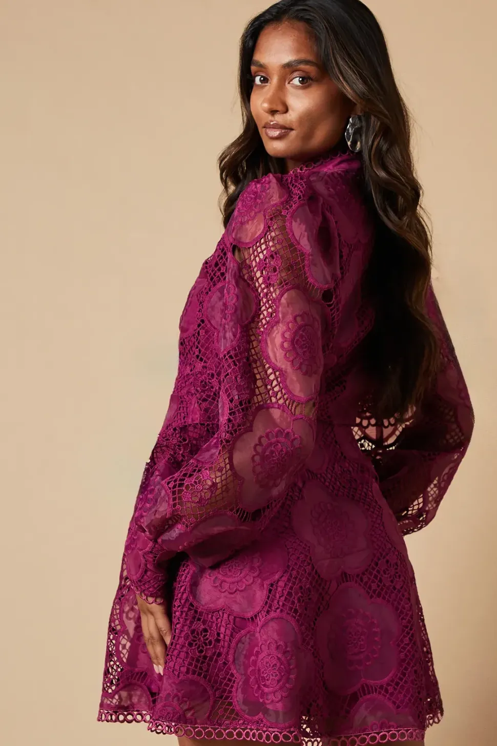Premium Organza Lace Trim Mini Shirt Dress