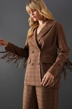 Premium Oversized Heritage Check Fringed Blazer