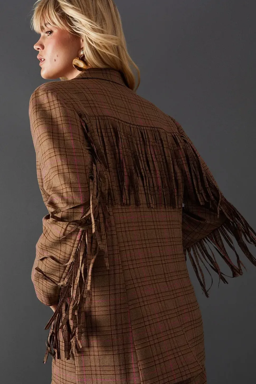 Premium Oversized Heritage Check Fringed Blazer