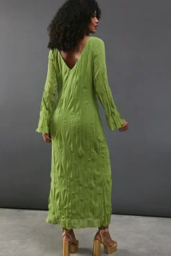 Premium Pleated Chiffon Slash Neck Column Midi Dress