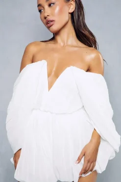 Premium Pleated Plunge Volume Sleeve Puffball Playsuit