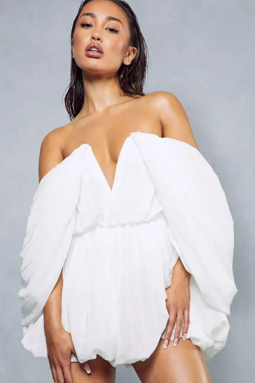 Premium Pleated Plunge Volume Sleeve Puffball Playsuit