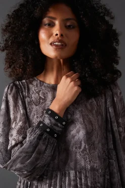 Premium Printed Pleated Eyelet Midi Dress