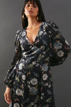 Premium Printed Velvet V Neck Midi Tea Dress