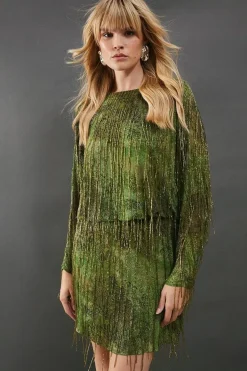 Premium Print Fringe Embellishment Batwing Mini Dress