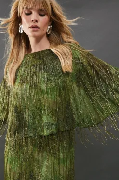 Premium Print Fringe Embellishment Batwing Mini Dress