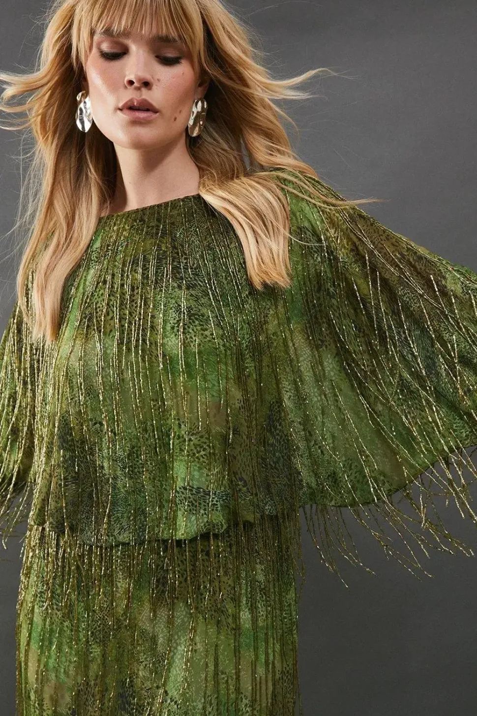 Premium Print Fringe Embellishment Batwing Mini Dress
