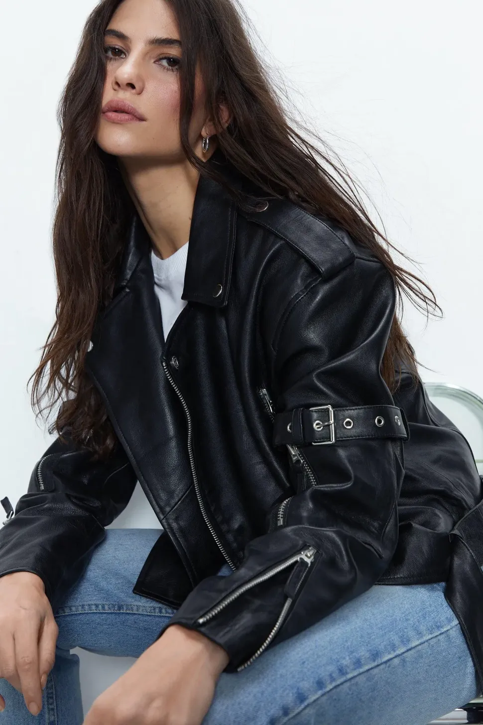 Premium Real Leather Buckle Detail Jacket