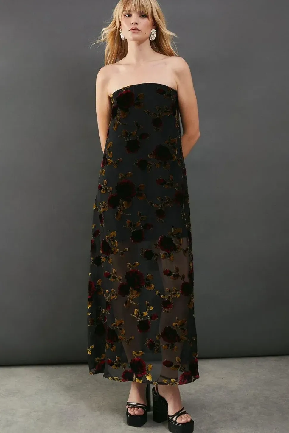Premium Rose Velvet Bandeau Maxi Dress
