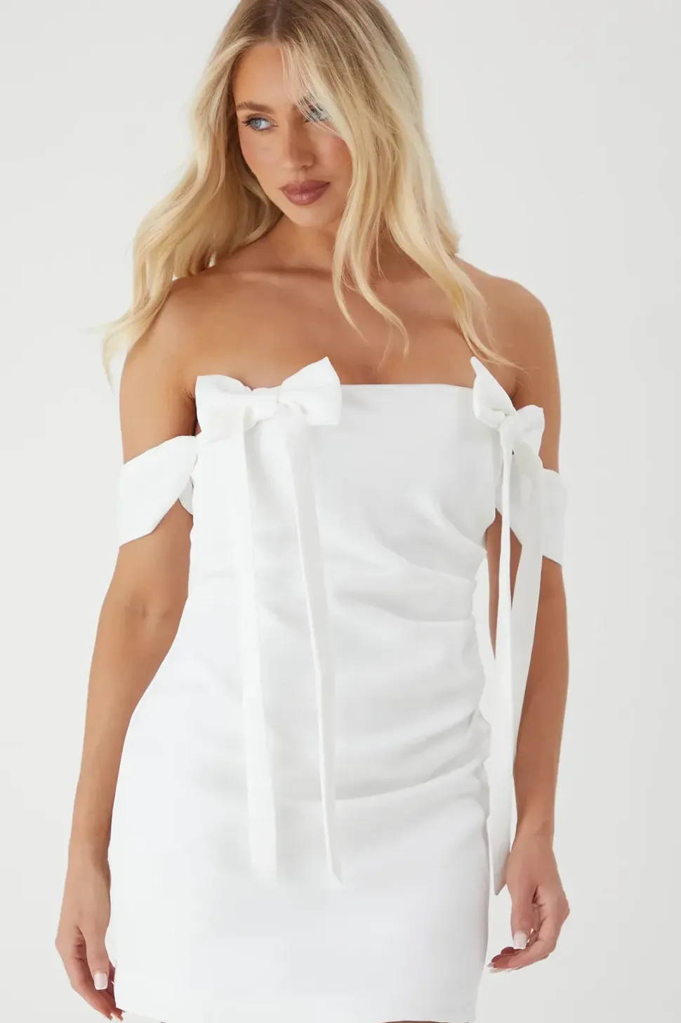 Premium Satin Bardot Bow Detail Bodycon Mini Dress