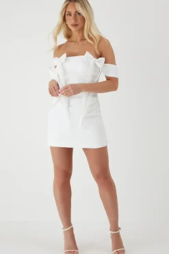 Premium Satin Bardot Bow  Detail Bodycon Mini Dress
