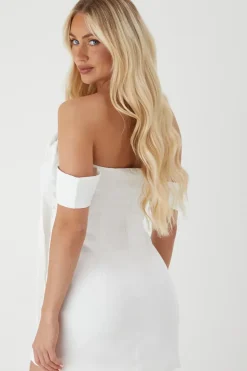 Premium Satin Bardot Bow Detail Bodycon Mini Dress