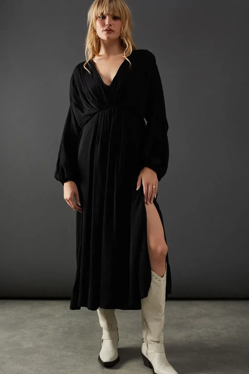 Premium Satin Batwing Pleat Detail Volume Sleeve Midi