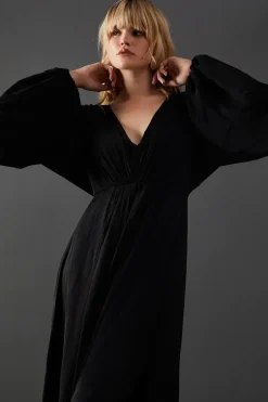 Premium Satin Batwing Pleat Detail Volume Sleeve Midi