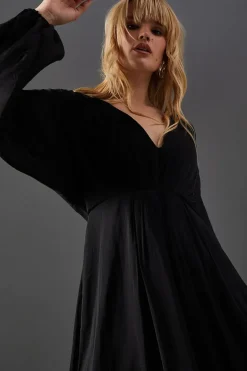 Premium Satin Batwing Pleat Detail Volume Sleeve Midi