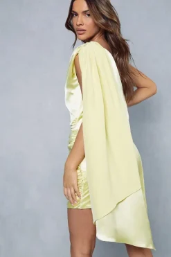 Premium Satin Cape Detail Asymmetric Mini Dress