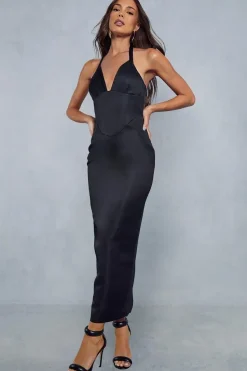 Premium Satin Corseted Pleated Bust Bodycon Midaxi Dress