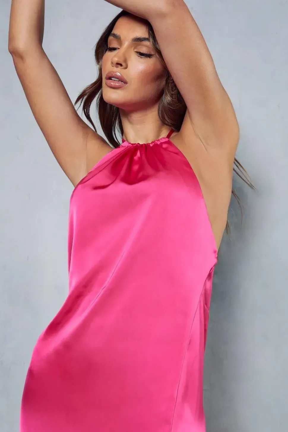 Premium Satin Deep V Back Ruched Halterneck Maxi Dress