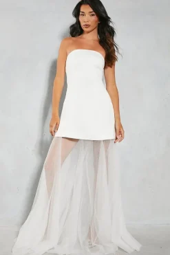 Premium Satin Detachable Tulle Skirt Bandeau Maxi Dress