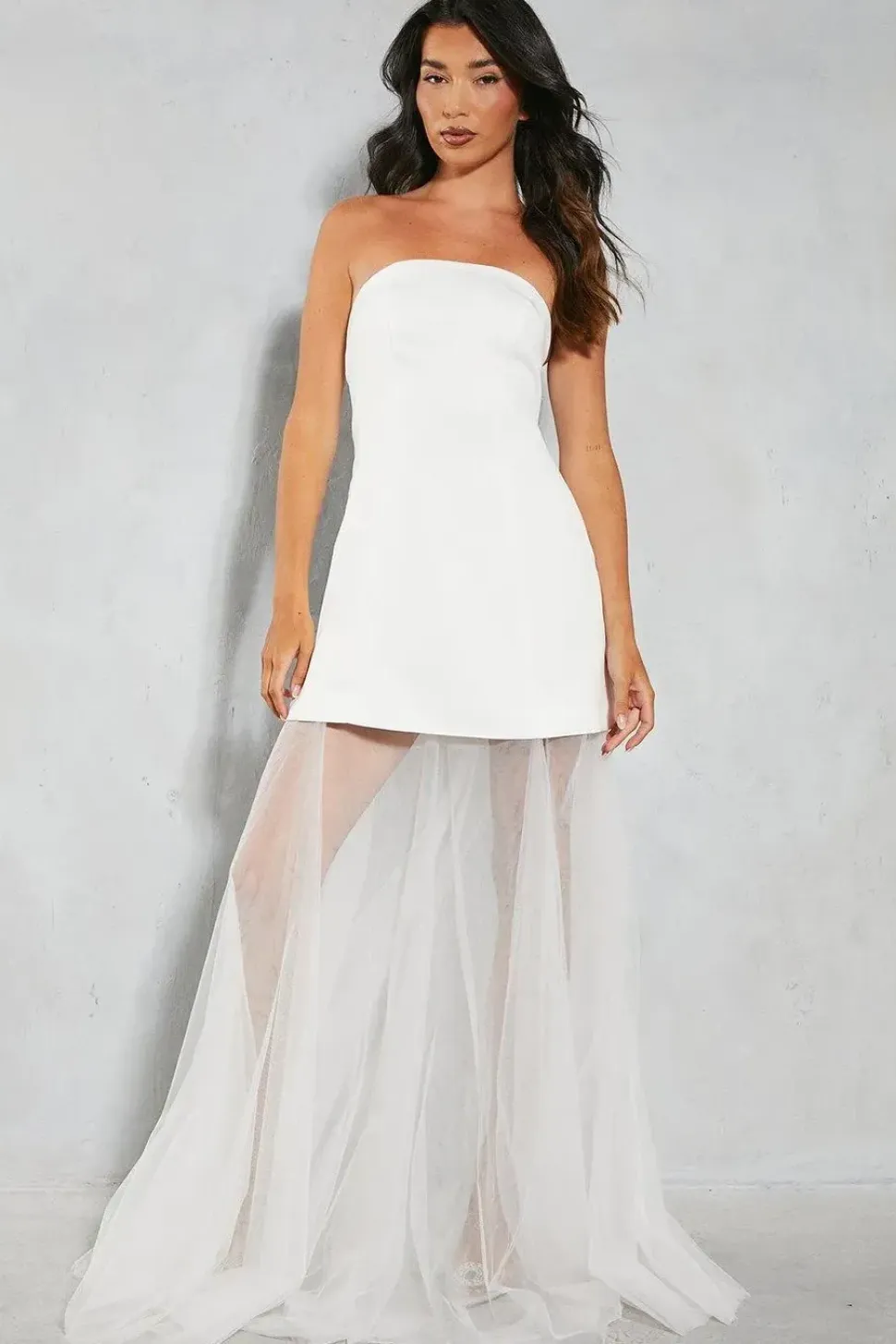 Premium Satin Detachable Tulle Skirt Bandeau Maxi Dress