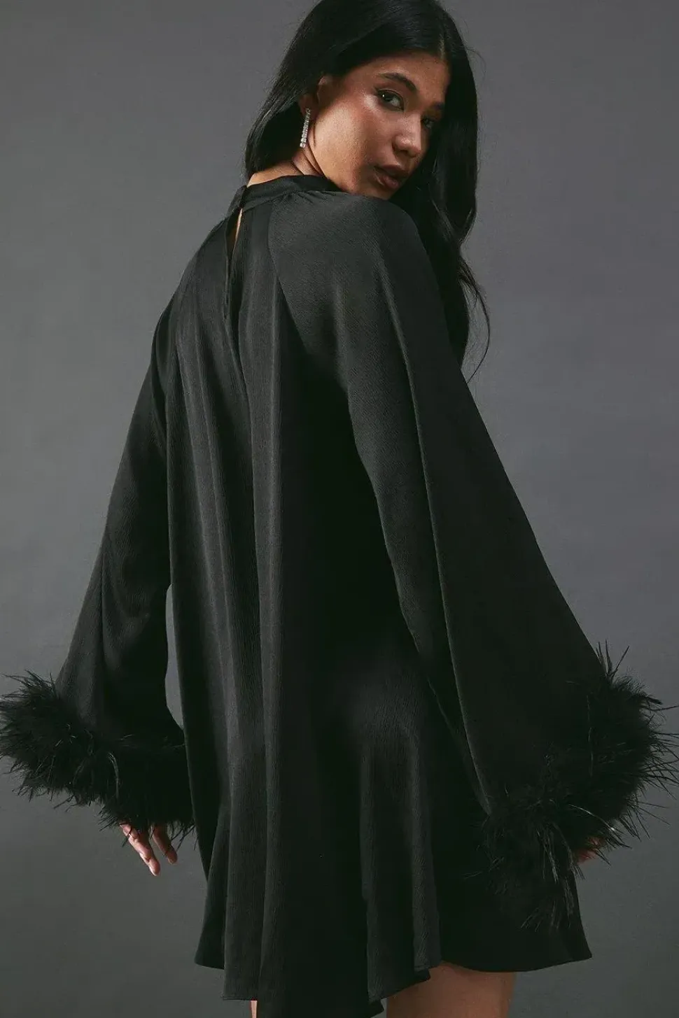 Premium Satin Feather High Neck Swing Mini Dress