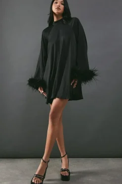 Premium Satin Feather High Neck Swing Mini Dress