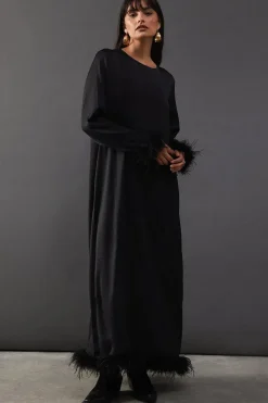 Premium Satin Feather Trim Button Back Midi Dress