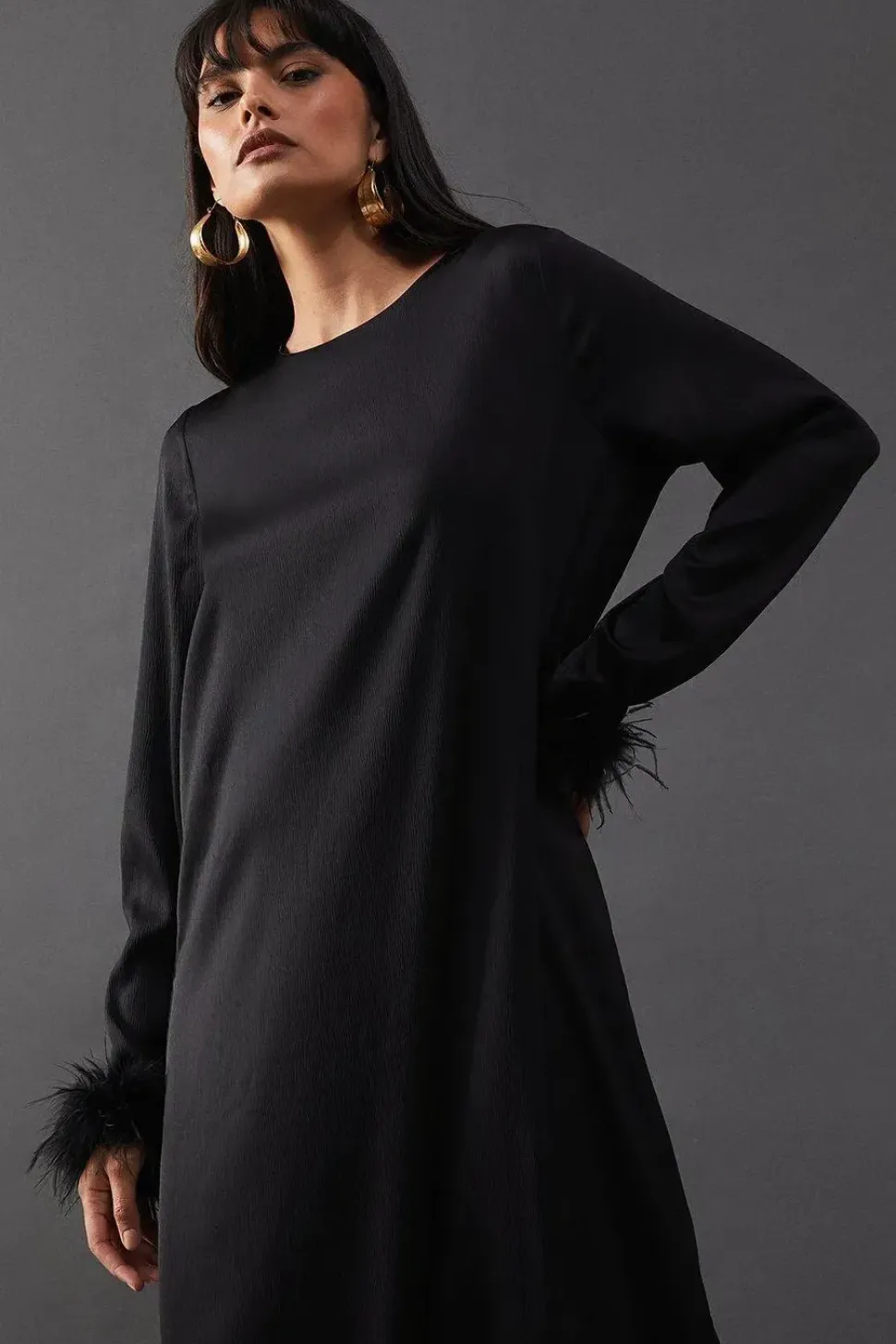 Premium Satin Feather Trim Button Back Midi Dress