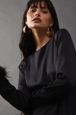 Premium Satin Feather Trim Button Back Midi Dress