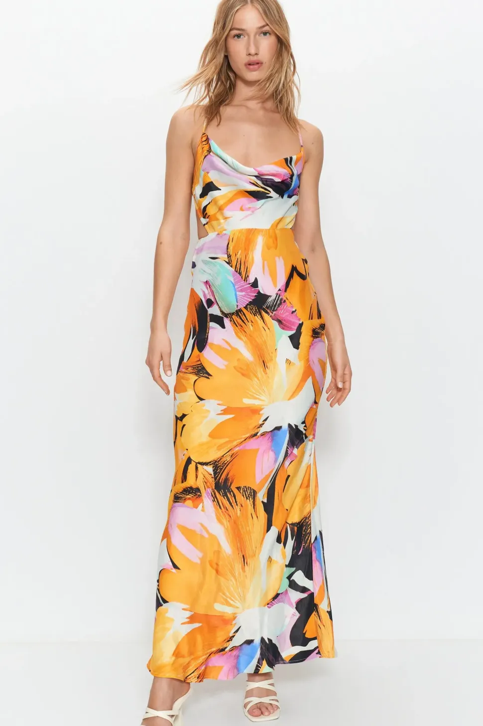 Premium Satin Floral Strappy Back Maxi Dress