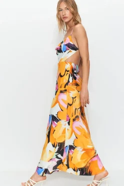 Premium Satin Floral Strappy Back Maxi Dress