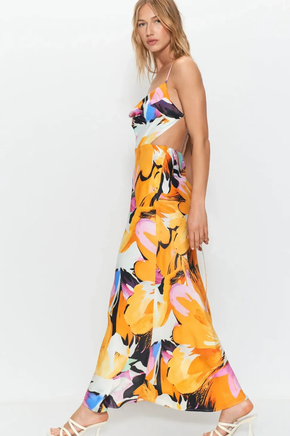Premium Satin Floral Strappy Back Maxi Dress