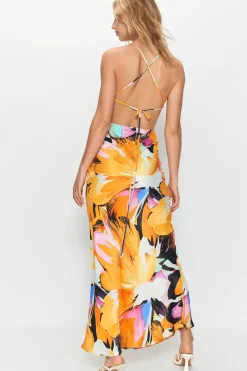 Premium Satin Floral Strappy Back Maxi Dress
