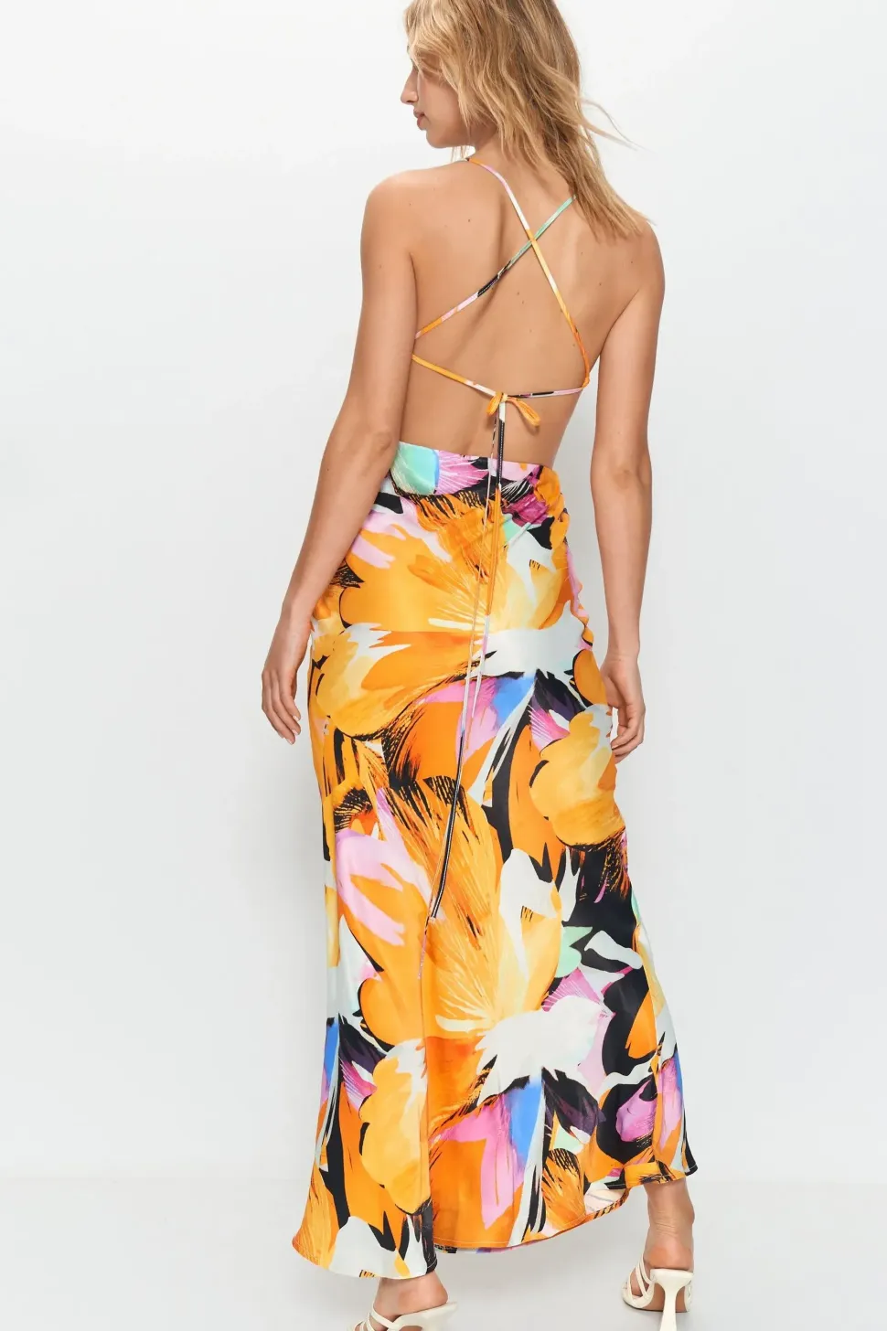Premium Satin Floral Strappy Back Maxi Dress
