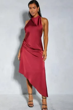 Premium Satin Halterneck Low Back Asymmetric Midi Dress