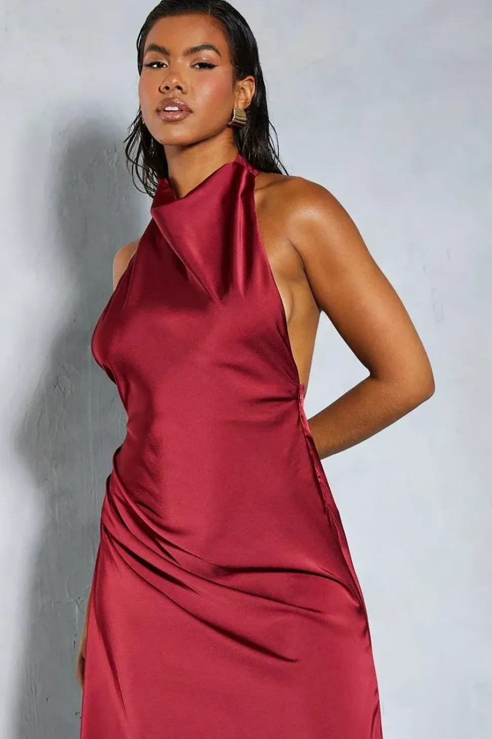 Premium Satin Halterneck Low Back Asymmetric Midi Dress