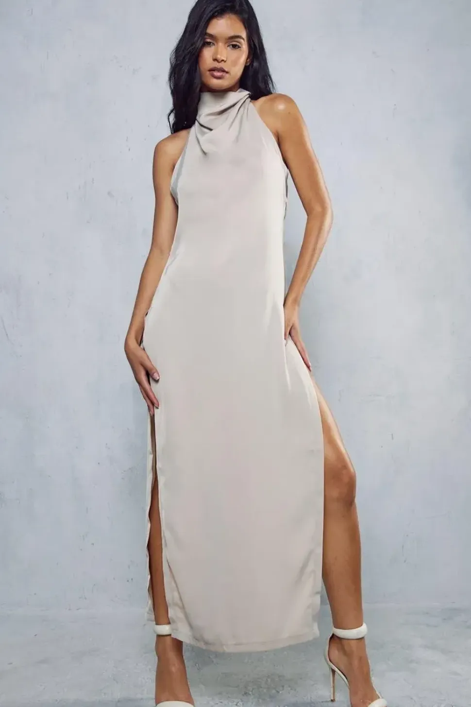 Premium Satin High Neck Draped Maxi Dress