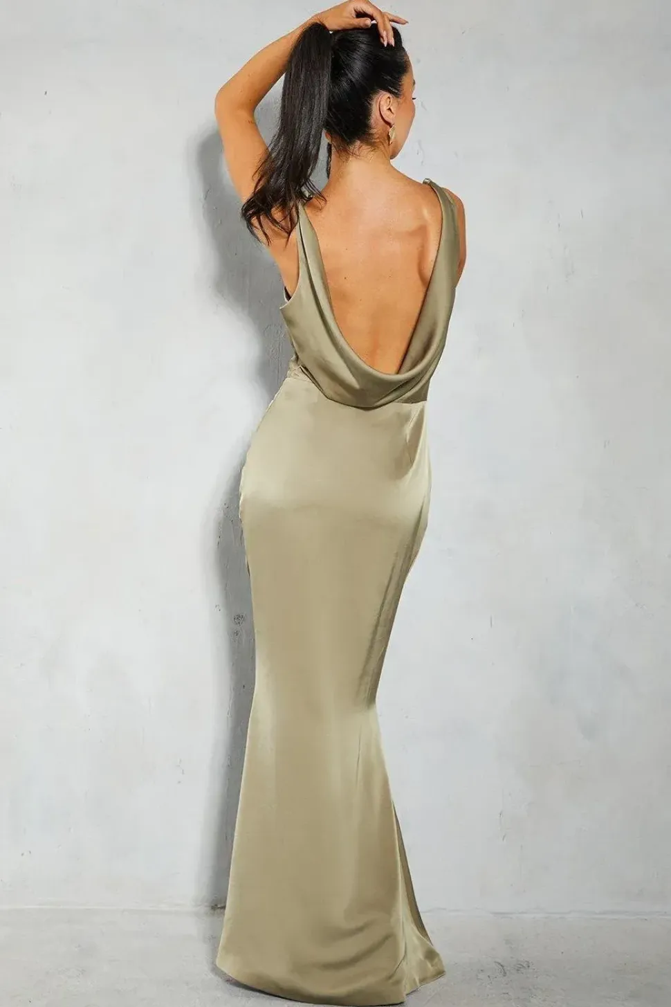 Premium Satin Knot Detail Cowl Neck Maxi Dress