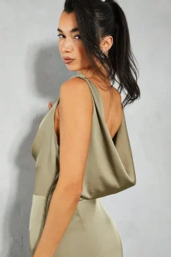 Premium Satin Knot Detail Cowl Neck Maxi Dress